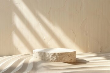 Background for cosmetic products of natural beige color Stone podium on the sand background