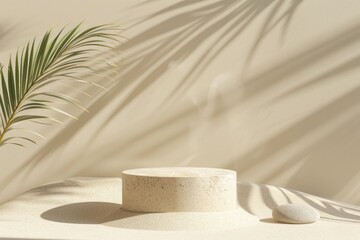Background for cosmetic products of natural beige color Stone podium on the sand background