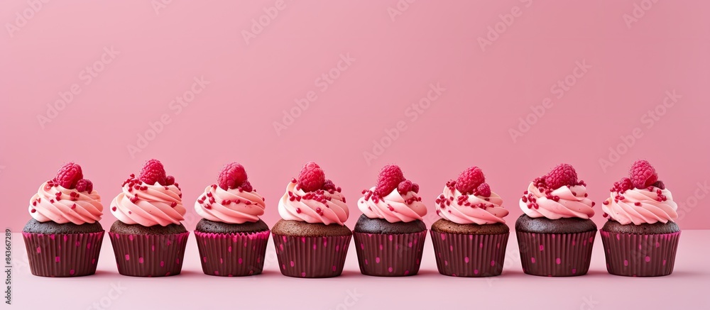 Poster Tasty raspberry cupcakes on pink background with space for text. copy space available