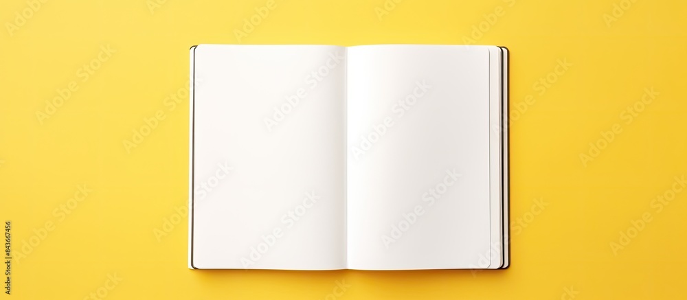 Poster opened empty white notepad on yellow background shot from top point of view with copy space