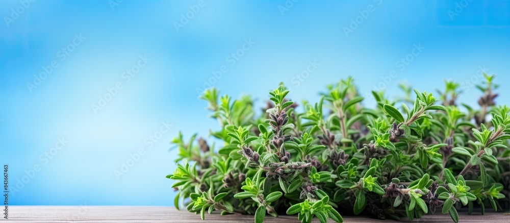 Poster bunch of aromatic thyme on light blue wooden table closeup space for text. copy space available
