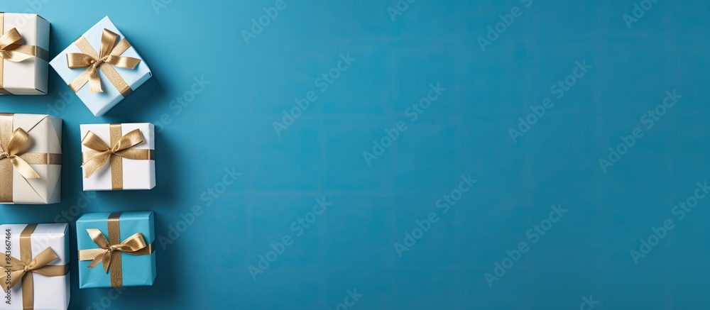 Poster Flat lay composition with gift boxes on blue background space for text Greeting card. copy space available