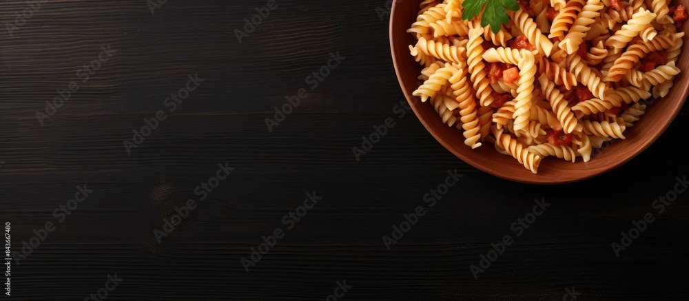 Poster a top down view of a pasta plate on a white background with empty space for adding text or images. c