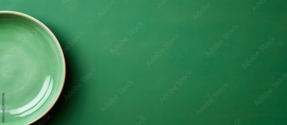 Aufkleber Empty ceramic plate on green background top view. copy space available