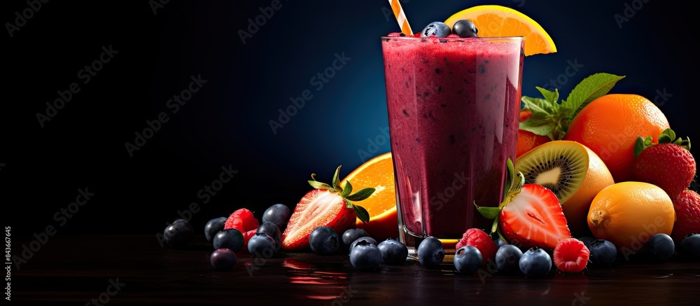 Aufkleber fruit cocktail or smoothies with fruit on a dark background with empty space for writing. copy space