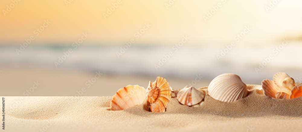 Aufkleber background of seashells on a sandy background. copy space available