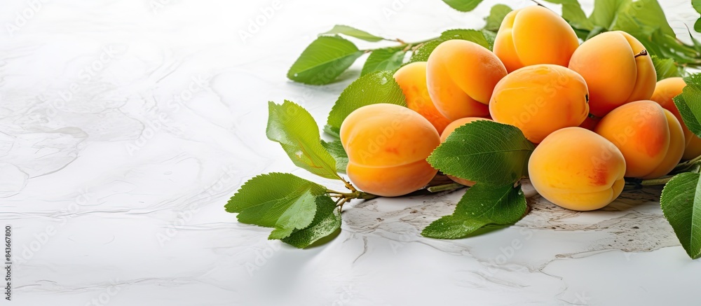 Poster a delicious assortment of apricots accompanied by vibrant green leaves presented on a white tiled ta