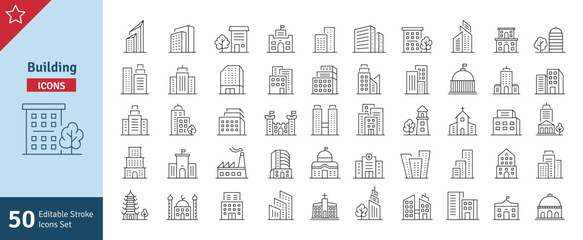 Buildings Line Editable Stroke Icons Set. Real Estate, House, Home, Apartment, Hospital, Hotel, Cityscape, Downtown, Museum, Mosque, Church, Pagoda. Architecture Buildings Icons Vector Illustration