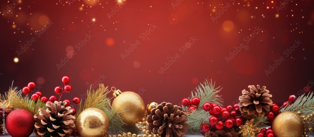 Poster christmas background christmas boarder with fir tree branch with cones and ornament christmas bauble
