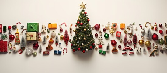 Christmas decorative composition of toys on a white table background Top view Flat Lay. copy space available