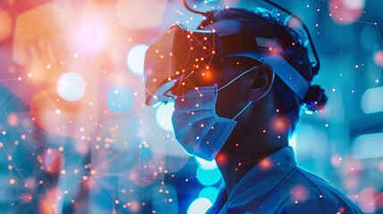 A healthcare professional in a mask and VR headset immersed in futuristic digital technology amidst a backdrop of colorful lights.