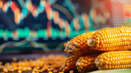 A close-up of harvested corn cobs with a fluctuating stock market graph in the background, representing agricultural market trends.