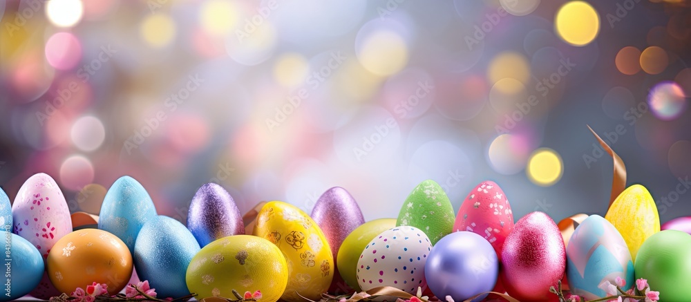 Poster Easter background with eggs ribbons and spring decoration. copy space available