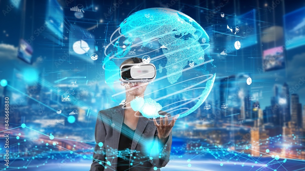 Poster Businesswoman taking up circle finance data dynamic world monitor VR future global market interface digital infographic network technology virtual hologram animation building background. Contraption. - Posters