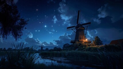 Traditional windmill in countryside with blue night starring sky.