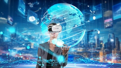 Businesswoman taking up circle finance data dynamic world monitor VR future global market interface...