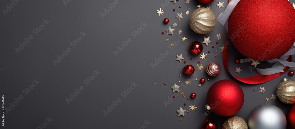 Aufkleber Christmas hat on gray background and some christmas baubles Christmas template Chirstmas background Christmas and happy new year Concept Top View Flat lay Negative Space. copy space available