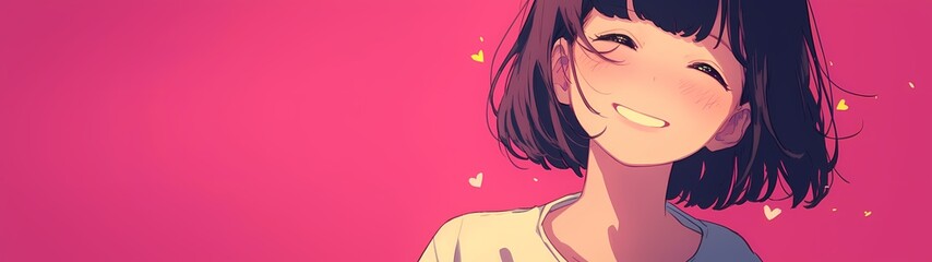 illustration of a girl smiling sincerely while looking forward and a love sign on a pink background, background with a 32:9 ratio size
