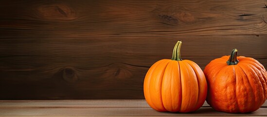 Two groups of pumpkins on the wooden table Empty space for your own text. copy space available