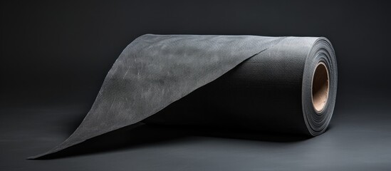 Black creased piece of matte cloth adheisive gaffer tape on grey cardboard background Copy space for text