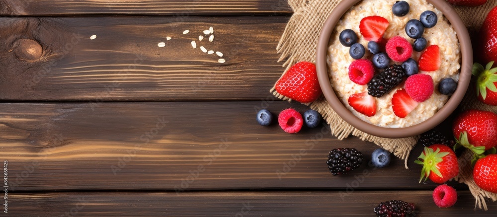Poster A fresh and healthy meal of oatmeal porridge with chia seeds and berries is displayed on a table creating a vibrant and appetizing food background with copy space image