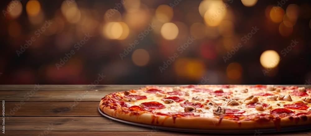 Poster a delicious pizza with copy space image sitting on a table at a restaurant