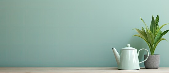 Minimal desk with mock up frame plant designed watering can on a green wall Home interior design. copy space available