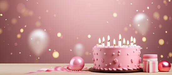 A pink themed greeting card celebrates a girl s birthday with polka dot garlands anniversary candle numbers and a 59th date of birth The image provides ample copy space