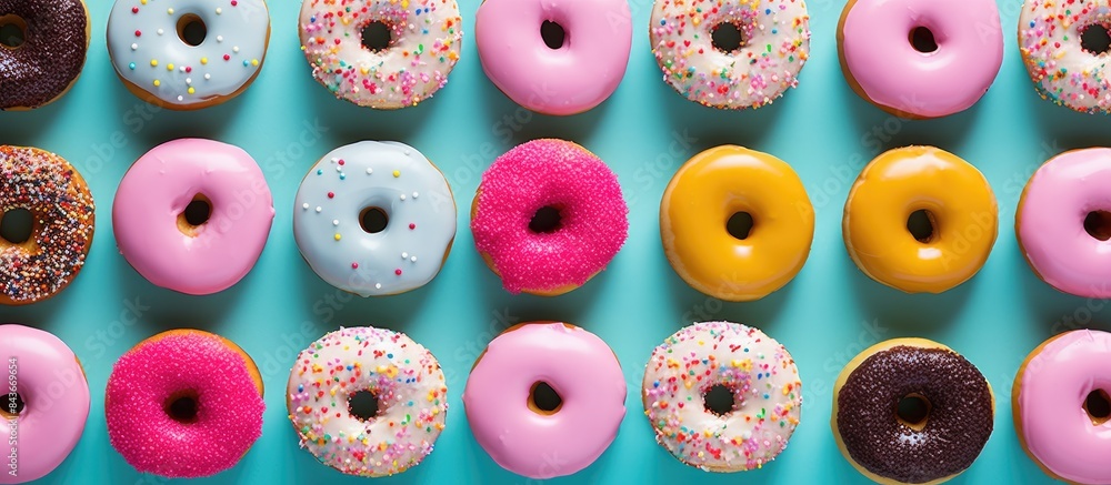 Poster Colorful donuts on table with copy space Top view of glazed doughnuts isolated