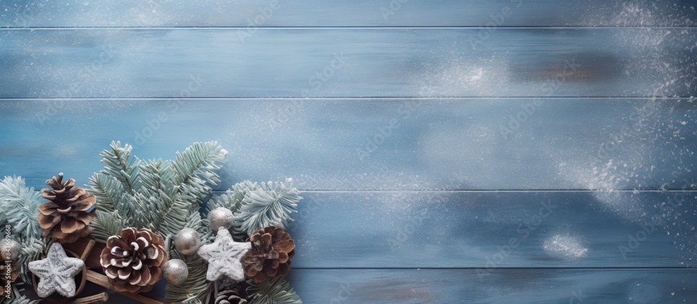 Poster flat lay composition with sleigh fir tree branches and gift boxes on blue wooden table space for tex