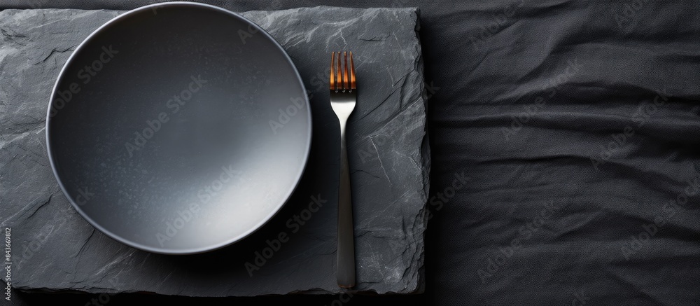 Aufkleber A table with a dark stone surface showcasing an empty black plate surrounded by a white napkin This copy space image is suitable for a food background menu or recipe It depicts a table setting captur