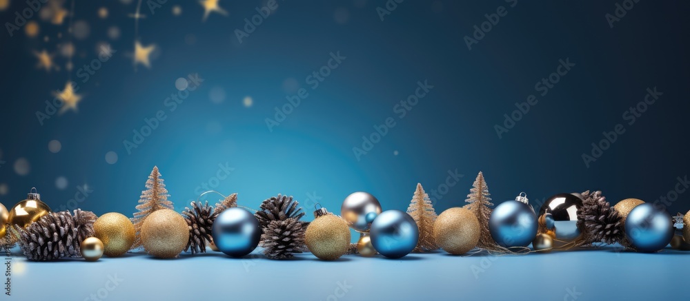 Poster the blue background with christmas decor features garland new year tree balls and lights providing a