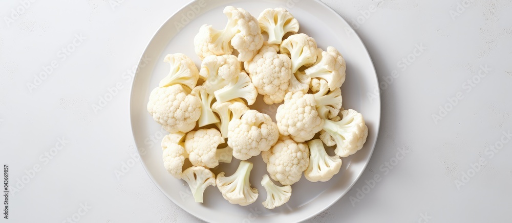 Poster plate with cut fresh raw cauliflower on light grey table top view space for text. copy space availab