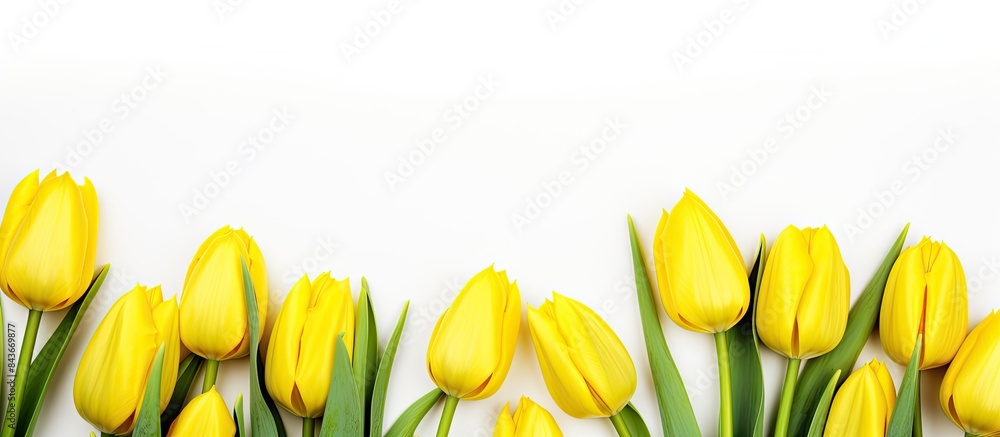 Poster Spring flowers Yellow tulips on white background top view space for text border. copy space available