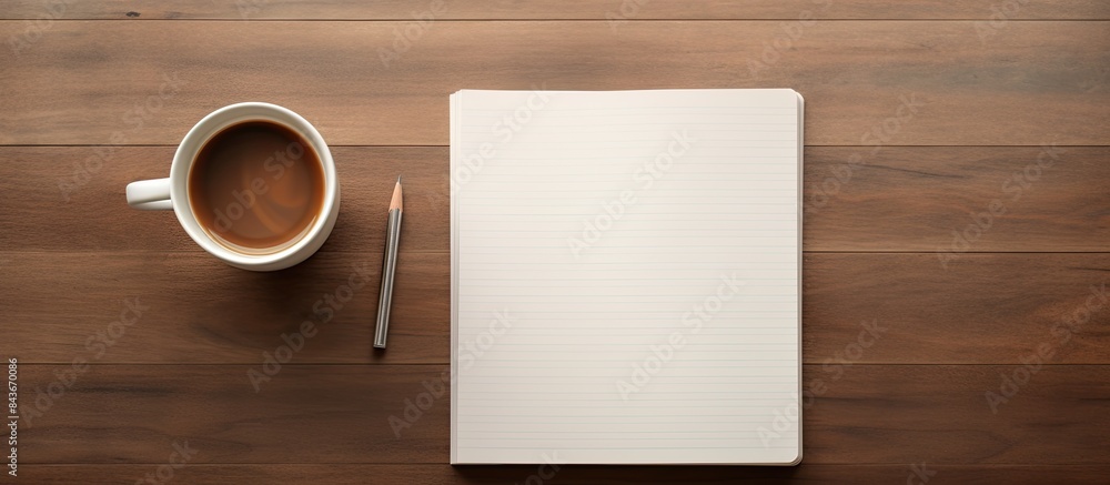 Aufkleber Notebook with notepad and coffee. copy space available