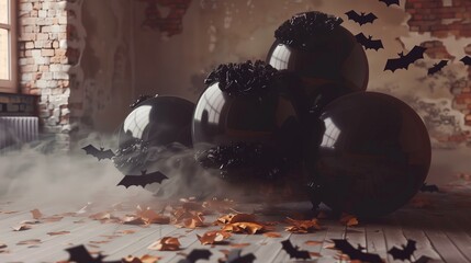 Spooky Halloween decorations with black balloons and flying bats in a dimly lit, rustic room.