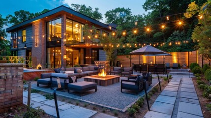 Modern Outdoor Patio with Comfortable Seating and Industrial Firepit in Fort Hunt, Virginia