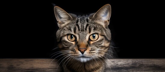 Obraz premium A close up photo of a tabby cat with brown eyes standing alone against a solid background with ample space for additional content or text