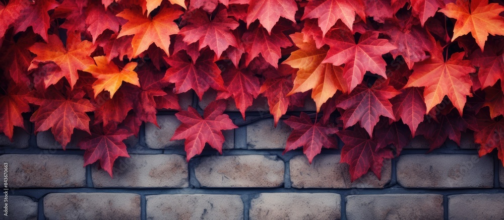Poster brick wall background with autumn leaves from grape vine. copy space available