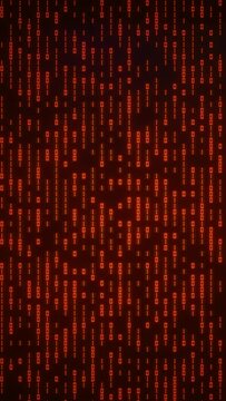 Abstract binary code background. Red numbers 0 and 1 display on device screen. 4K vertical animation 3d render.