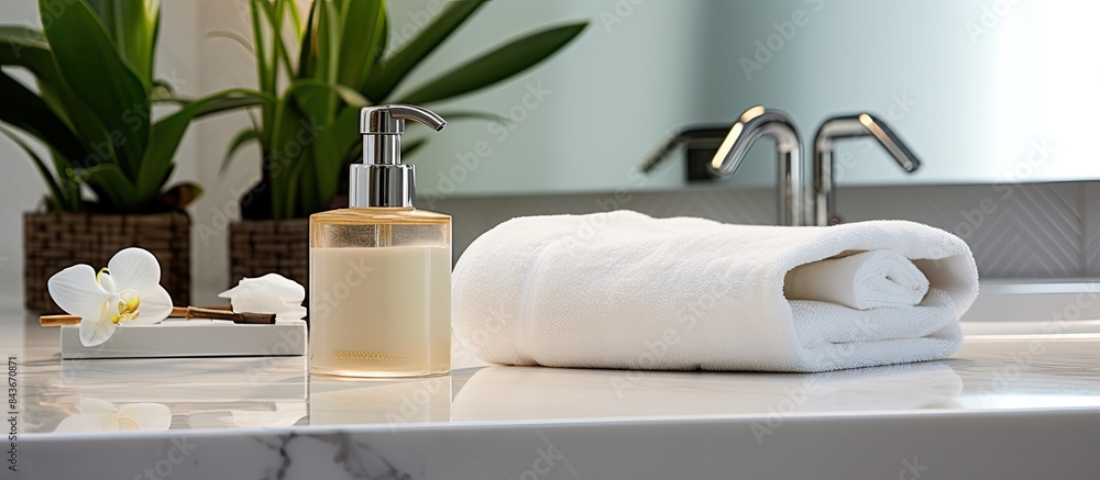 Aufkleber the marble counter in this close up view is adorned with bathroom accessories white towels and a cop