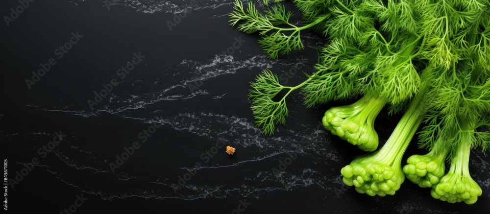 Poster fresh green bunch of dill on black slate background with free copy space for text