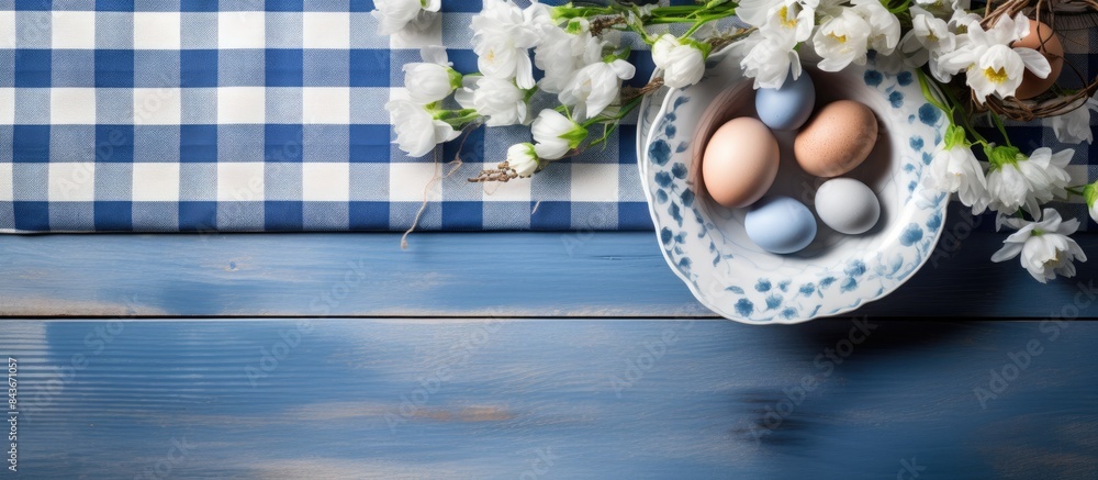 Poster easter table setting with white eggs in a nest on a blue and white checkered napkin nearby are pink 