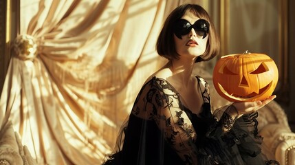 Mysterious woman in black lace dress holding a carved pumpkin, getting ready for Halloween celebrations.