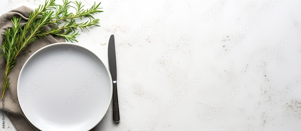 Aufkleber Grey empty ceramic plate with herbs knife and fork on salty white background Minimal design Space for text or menu. copy space available