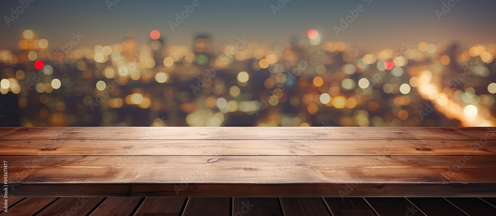 Poster empty wooden table space platform and blurred resturant or coffee shop background for product displa