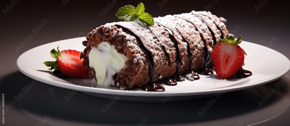Poster chocolate crumbs above roll cake with strawberies. copy space available
