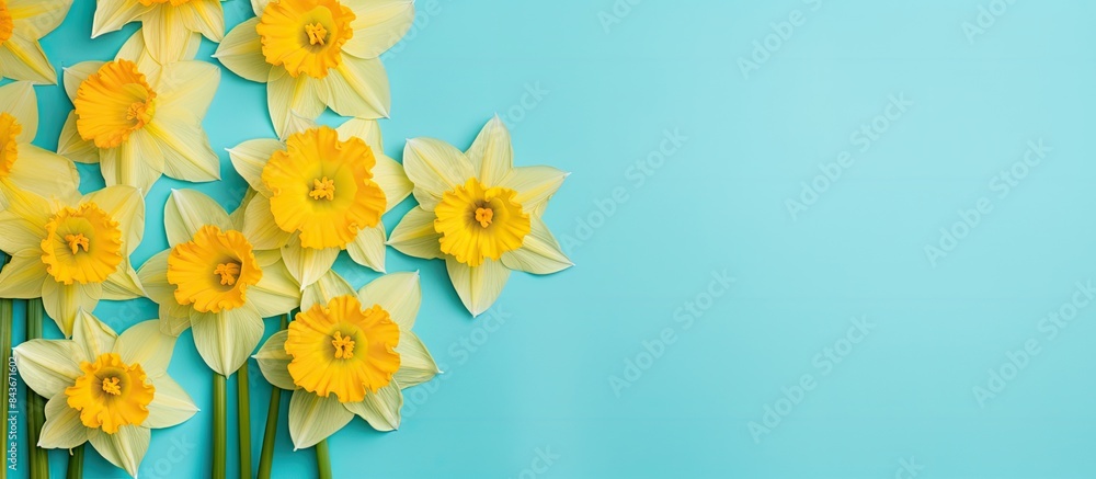 Poster A stunning array of vibrant yellow daffodils in full bloom set against a vibrant turquoise backdrop The flowers are captured up close allowing for a clear view of their beauty The image provides copy