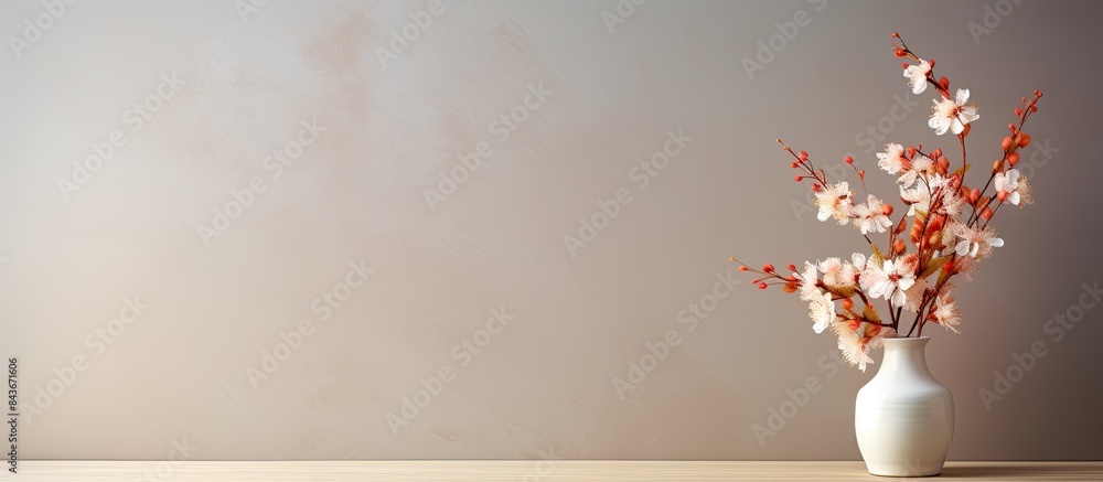 Poster vase with beautiful flowers as element of interior design on table in room space for text. copy spac