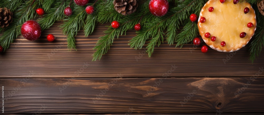 Aufkleber christmas cheese with red decorations on wooden boards spruce branches on wooden background fir tree